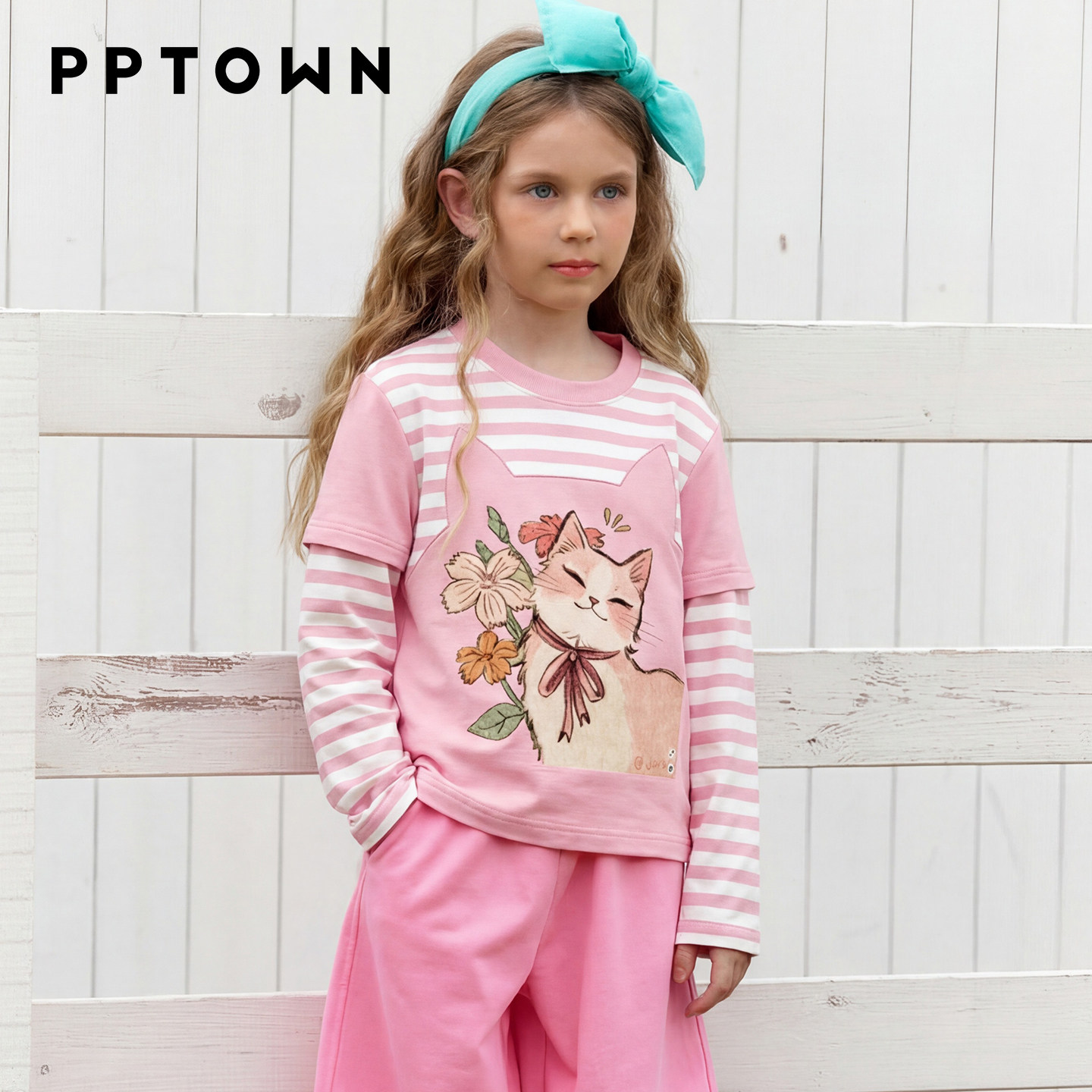女童长袖T恤2026新款春装儿童甜美猫咪印花打底衫条纹假两件上衣