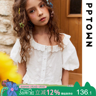 女童衬衫短袖夏季薄款2025新款白色儿童娃娃领衬衣女孩泡泡袖上衣