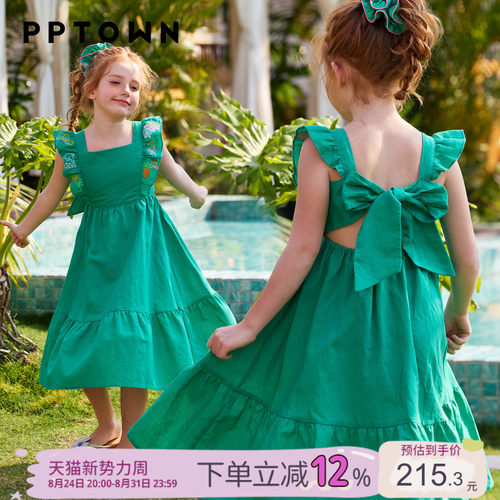 女童夏薄苎麻刺绣飞飞袖连衣裙