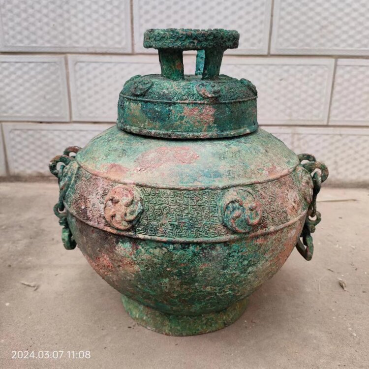 春秋战国青铜器圆磊包老浆红斑绿绣复古摆件仿古工艺品收藏品