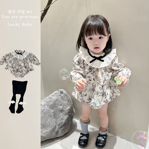 秋季新款婴幼儿童女宝宝花边领蝴蝶结长袖上衣三角包屁裤两件套装
