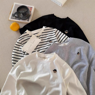 男童T恤长袖 上衣百搭 春秋男女童宽松潮牌卡通小熊T宝宝条纹打底衫