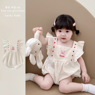 婴儿夏季女宝宝爱心飞袖三角哈衣可爱兔子刺绣方领连体包屁衣爬服