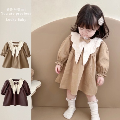 韩版秋季新女童学院风连衣裙小童蝴蝶结花边领宝宝娃娃复古公主裙