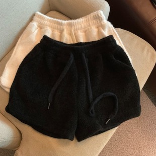 黑色水貂绒阔腿短裤女直筒秋冬2023新款抽绳高腰显瘦打底靴裤外穿