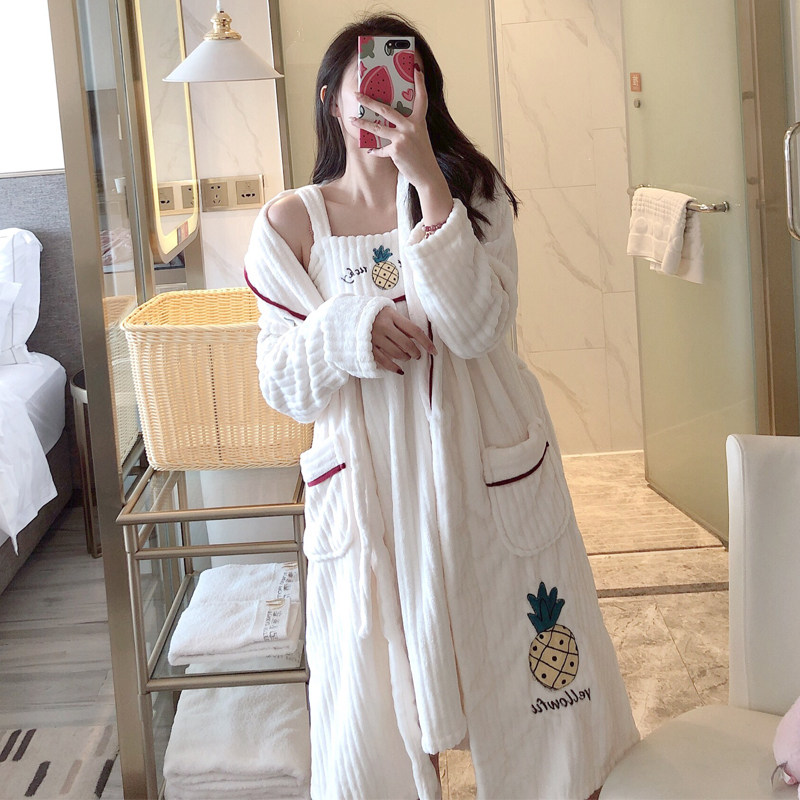 睡衣女秋冬季珊瑚绒性感长款睡裙睡袍两件套甜美法兰绒加厚家居服