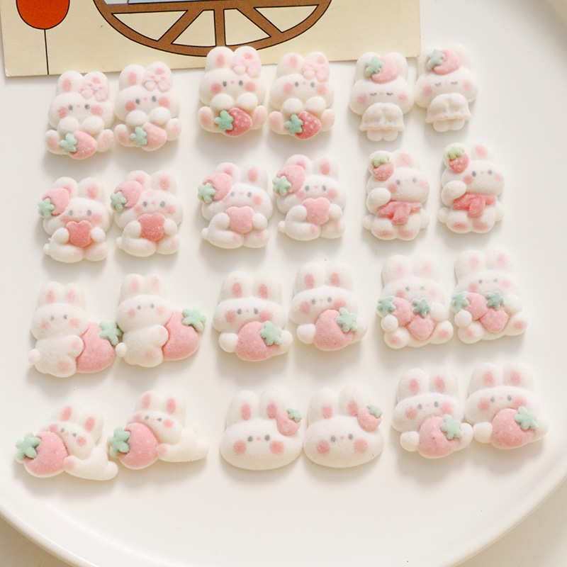 超萌毛茸茸卡通植绒草莓兔子贴片diy手作耳环发饰发夹手机壳配饰