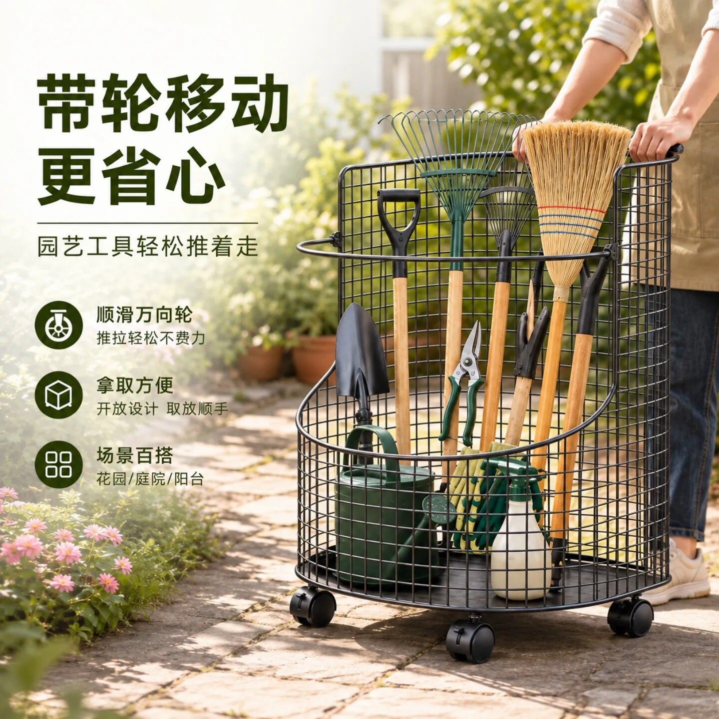 园艺工具收纳架可移动园林五金储物架铁锨铲子扫把带轮大容量置物