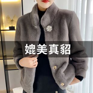 皮毛一体上衣 高端加厚短款 仿水貂绒皮草外套女中老年秋冬款 妈妈装