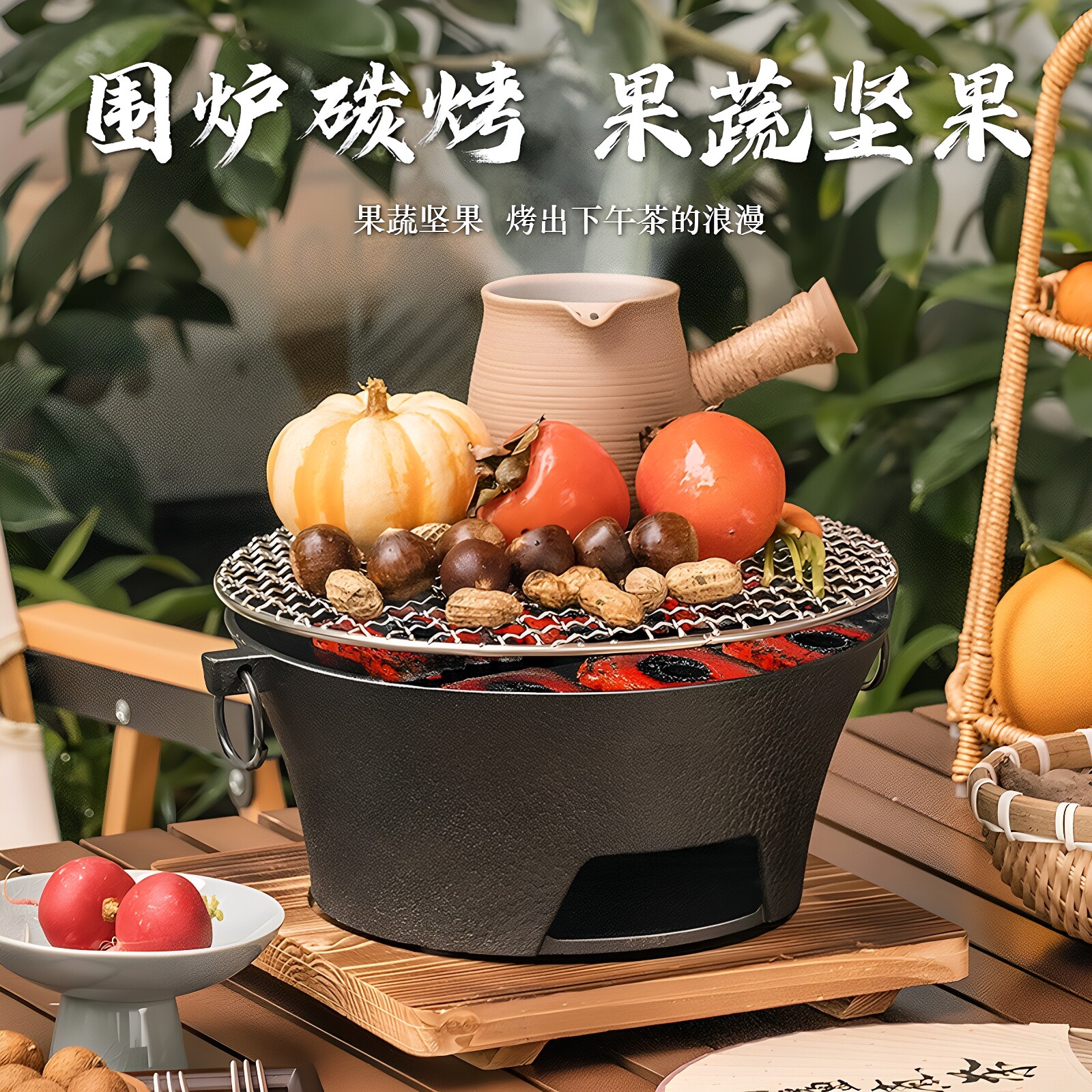 日本铸铁炭炉烧烤炉取暖碳火炉围炉煮茶家用室内器具全套烤茶套装