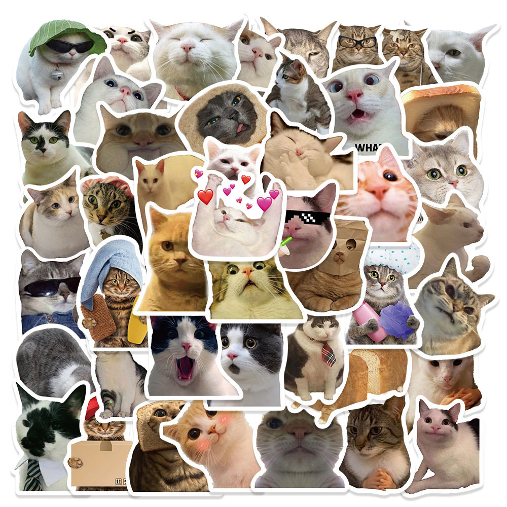 50张跨境热门卡通搞笑猫咪手账贴纸个性涂鸦行李箱手机壳图片