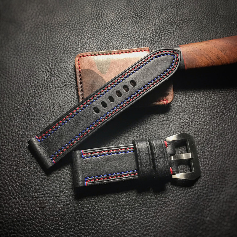 GF手工表带 黑色软皮红蓝双线配色 手工定制适用于沛纳海