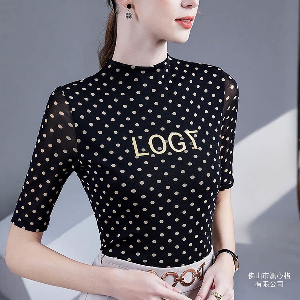 中袖网纱打底衫洋春季波点印花气