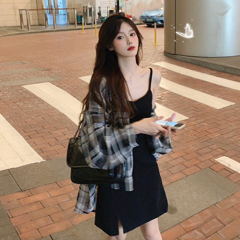 2025夏季新款韩版慵懒风宽松格子防晒上衣中长款长袖衬衫外套女