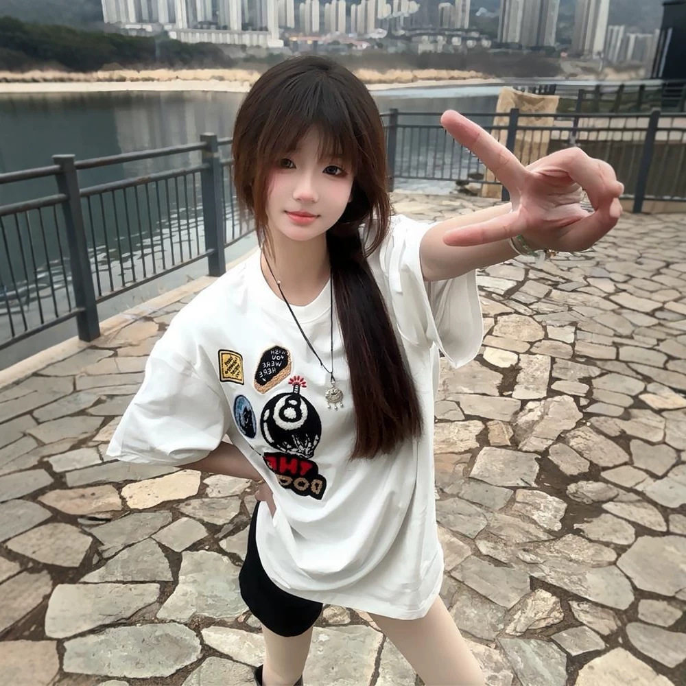 跨境美式街头徽章植绒刺绣T恤男