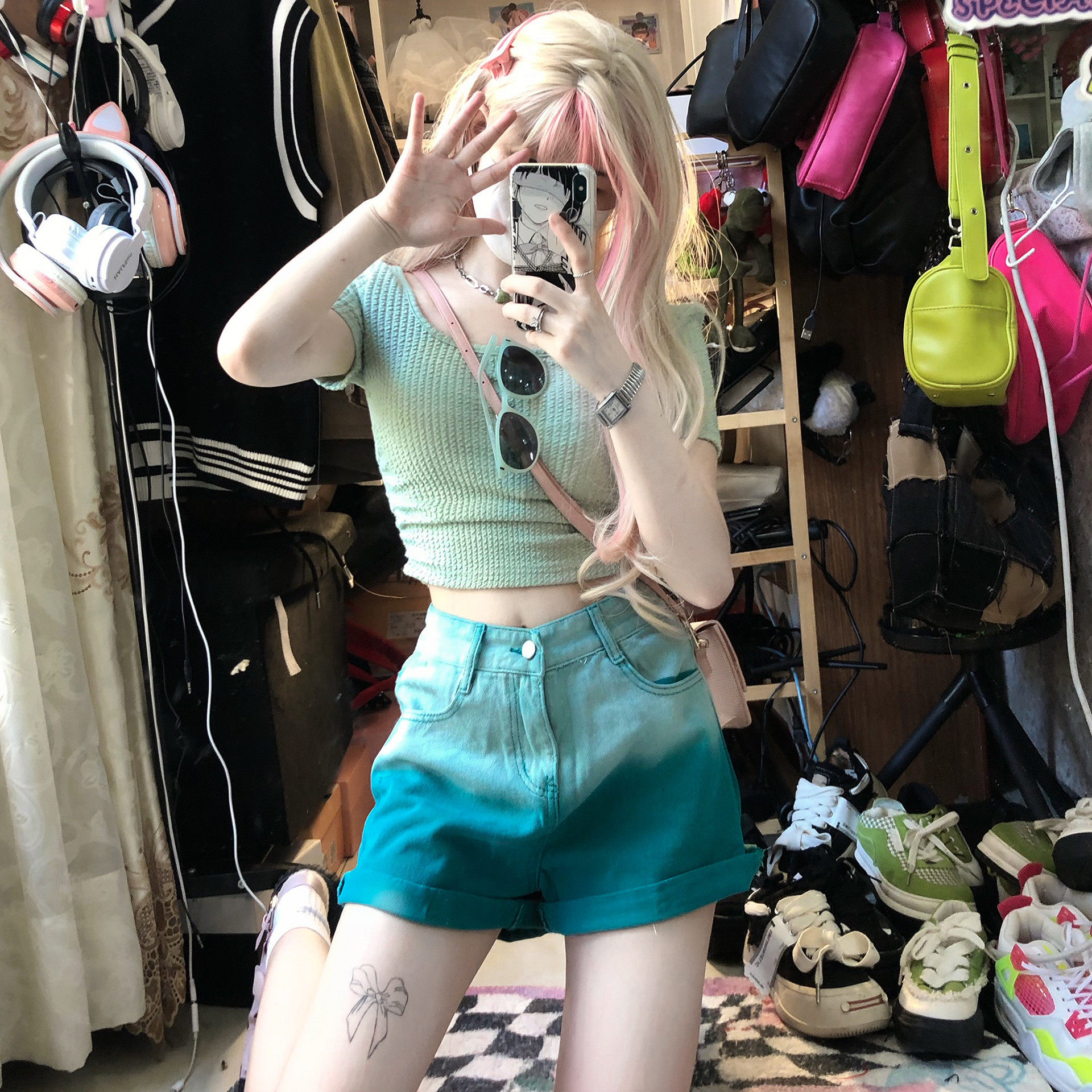 绿色渐变牛仔短裤女2025夏季新款宽松韩版百搭高腰a字阔腿热裤潮