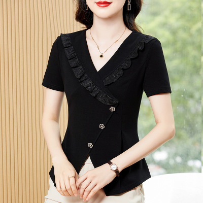 夏季设计感小众新款赛罗棉短袖t恤女V领时尚小香风洋气小衫上衣