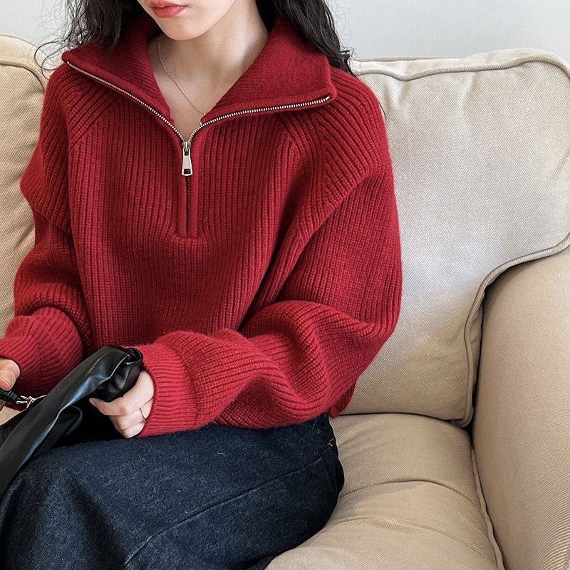 半拉链立领红色毛衣女秋冬202毛针织衫