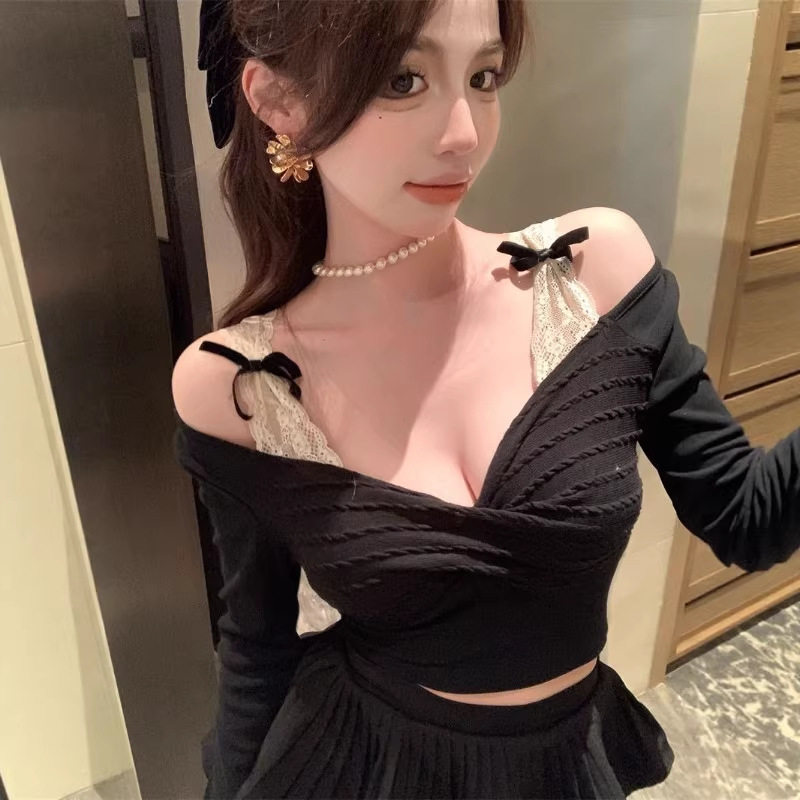 纯欲风假两件蕾丝拼接T恤女春秋