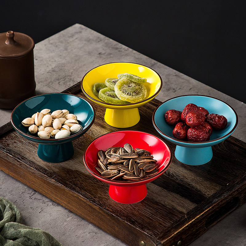 特色中式茶几零食点心碟 冷菜碟精致干果陶瓷高脚浅口茶点盘2个装