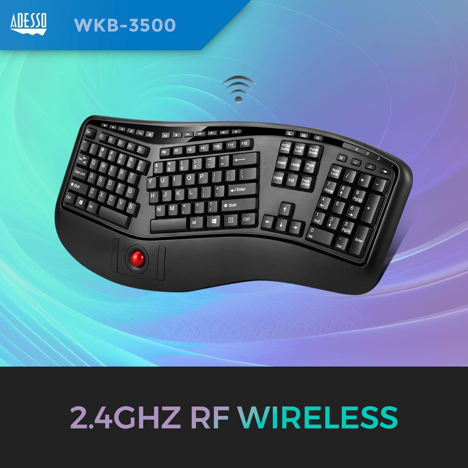 Adesso WKB-3500UB 人体工程学设计无线键盘带轨迹球 美国代购