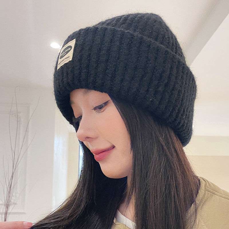帽子女冬款字母贴布毛线帽冬天防寒防风护耳加厚保暖针织套头冷帽