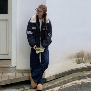 实拍美式复古外套女冬季新款宽松学生棉衣保暖情侣百搭棒球棉服女