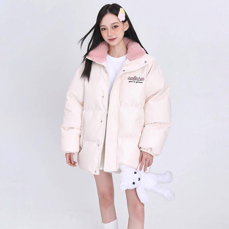 韩系pu粉色羊羔拼接设计棉服2025冬季新款女学生保暖面包加厚外套