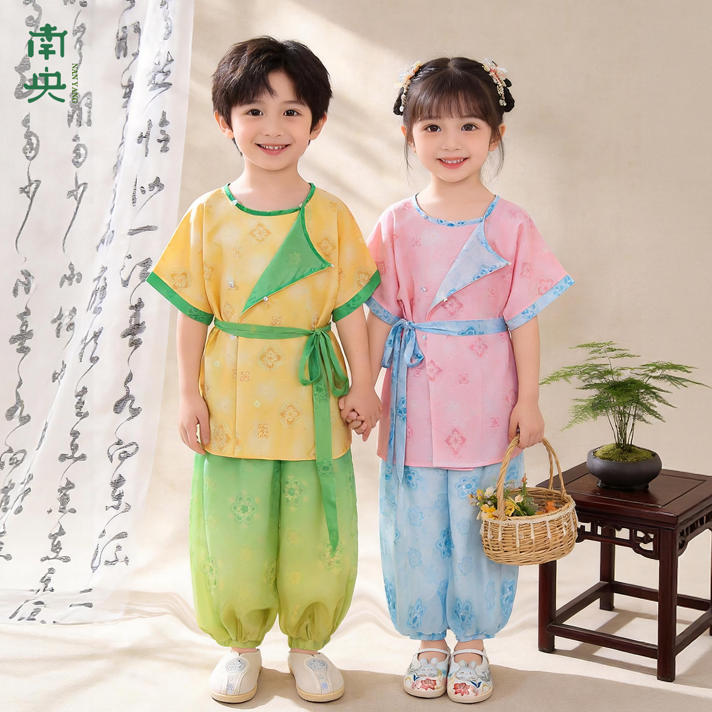 女童汉服男童夏季小孩唐制圆领袍短袖套装儿童国风唐装亲子演出服