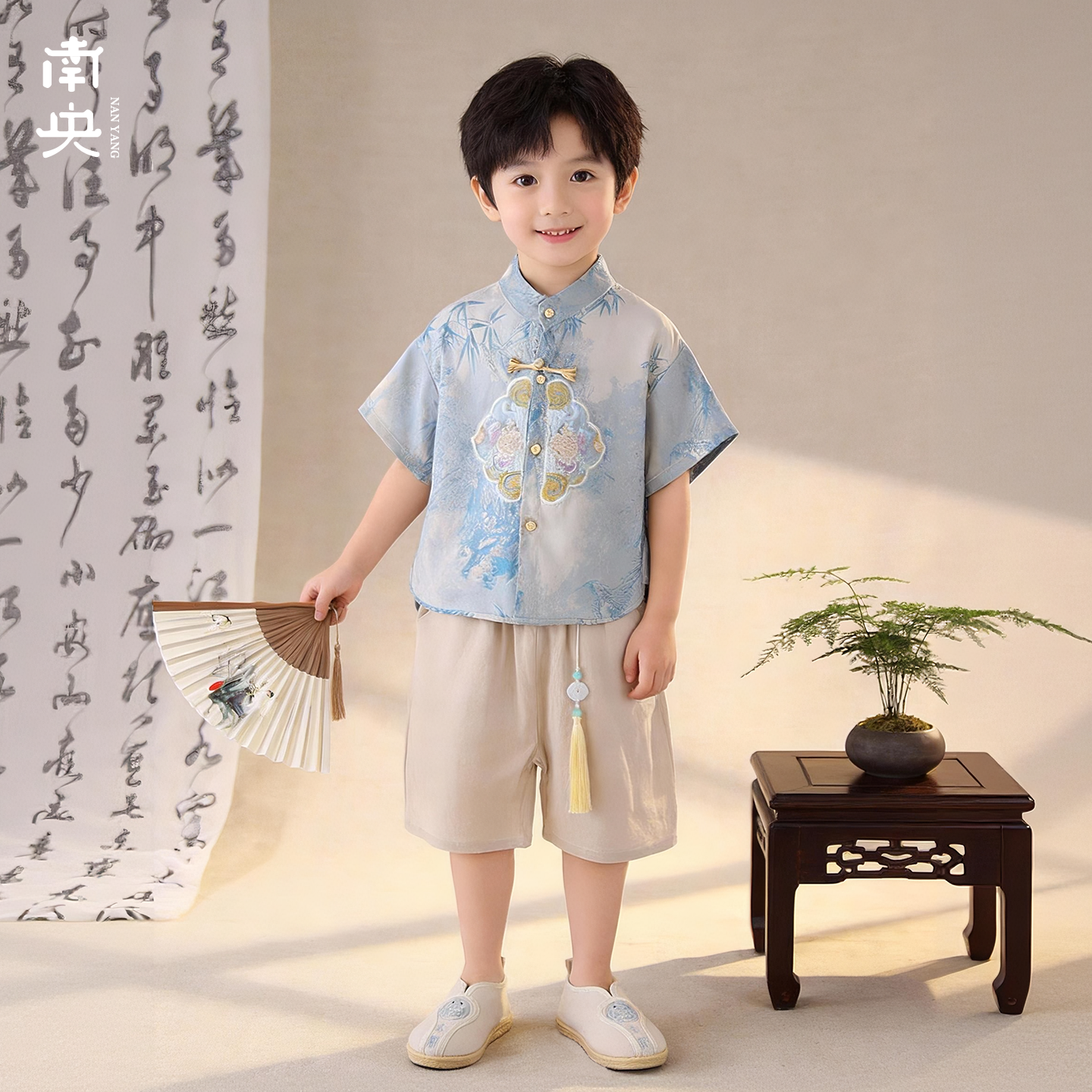 日常可穿国风汉服男童短袖短裤套装夏季薄款新中式儿童唐装演出服