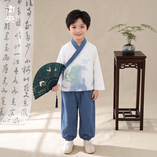 儿童改良明制古装汉服男童长袖套装春秋季薄款男孩新中式国风唐装