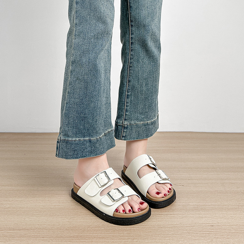 真皮勃肯鞋女夏季外穿半拖鞋女胖脚宽脚凉拖鞋女一字拖沙滩鞋大码