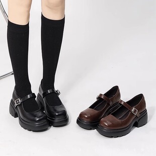 玛丽珍单鞋胖脚宽脚高跟鞋圆头厚底小皮鞋大码女鞋粗跟单鞋