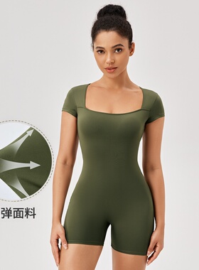 欧美紧身运动连体衣短袖女方领裸感训练跑步瑜伽健身连体服42245