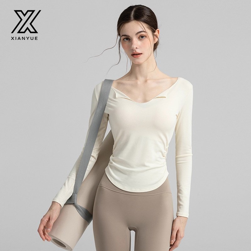 瑜伽服女2025新款V领长袖运动T恤修身显瘦收腰普拉提健身服上衣女
