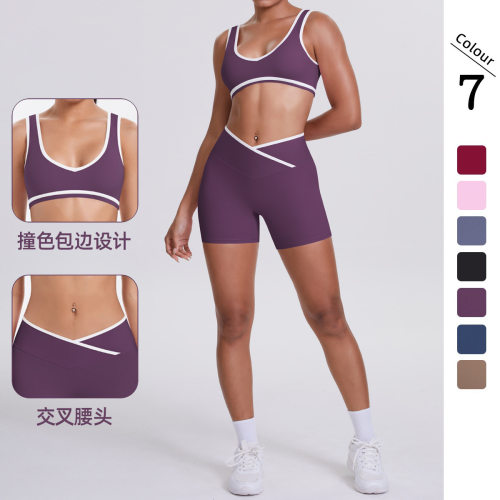 跨境双面磨毛撞色紧身透气交叉腰瑜伽服套装运动跑步健身两件套女