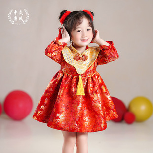 长袖秋冬款女宝宝周岁礼服红色新年服装中国民族风汉服儿童连衣裙
