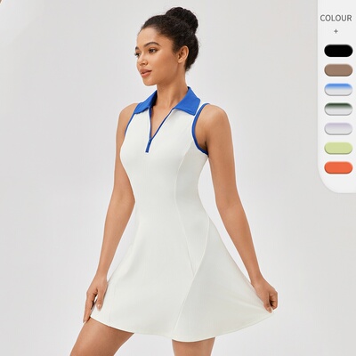 欧美翻领连体网球裙女速干透气收腰撞色运动休闲健身连衣裙42157