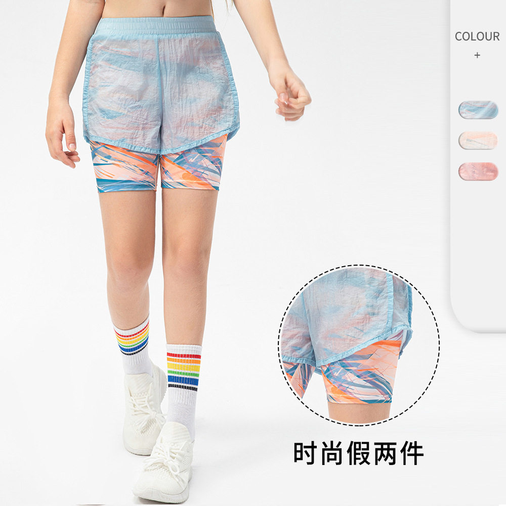 女童假两件印花运动短裤健身跑步短裤儿童瑜伽舞蹈训练短裤23405图片