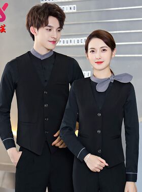 服务员工作服长袖女 酒吧KTV咖啡西餐厅吧台服务员假两件马甲衬衣