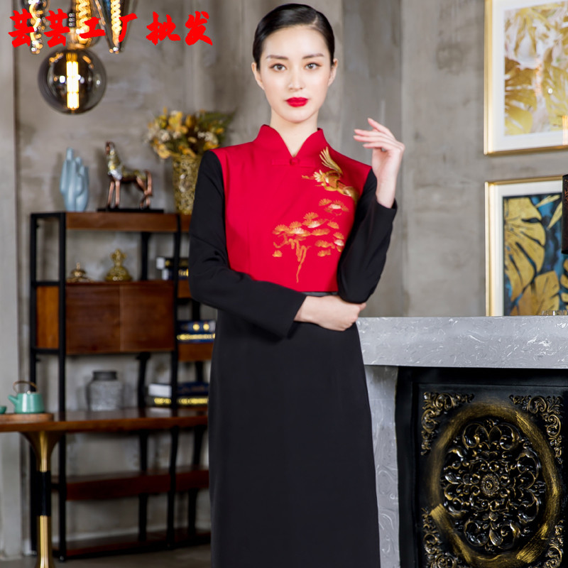 酒店服务员工作服迎宾服连衣裙茶楼茶艺制服红色女工作服秋冬款长