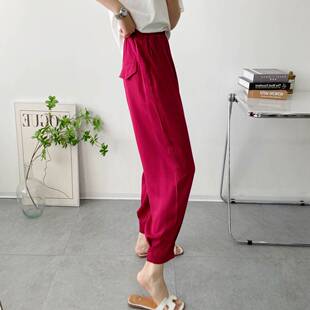 女宽松薄款 棉绸显瘦铅笔裤 外穿 高腰捏折束脚夏季 人造棉九分哈伦裤