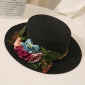 立体花朵平顶草帽女夏天沙滩遮阳帽优雅百搭度假礼帽 时尚 韩版 新款