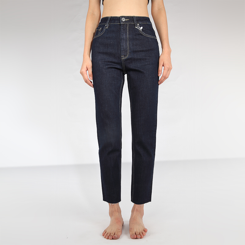 GPOD丹宁蓝色宽松显瘦法式法棍裤毛边高腰小直筒牛仔裤女WALN弹力