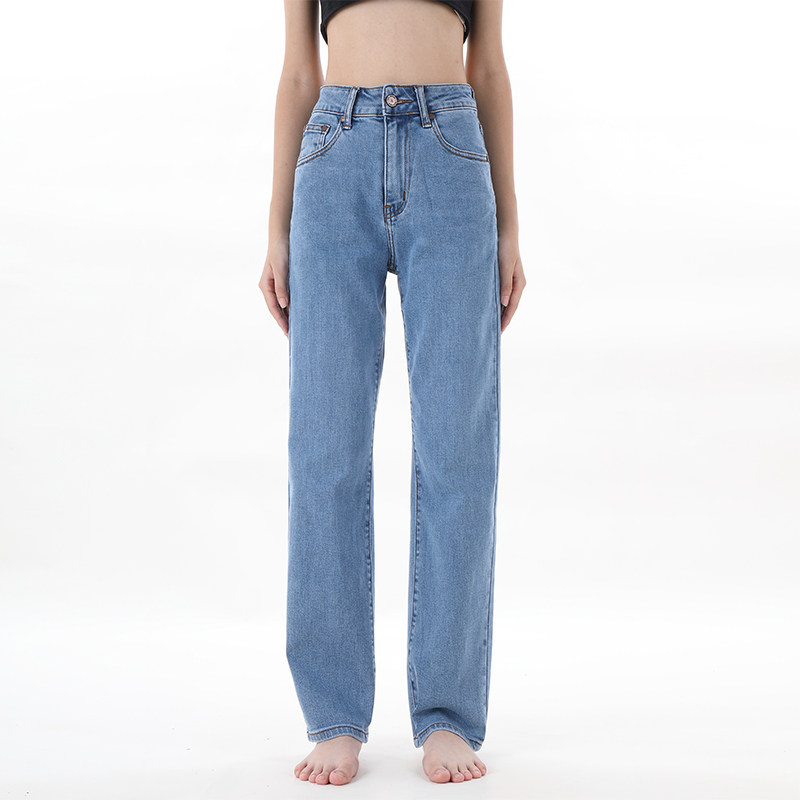 拖地宽松bf高腰小直筒牛仔裤