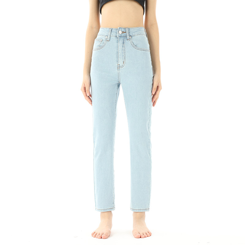 薄款浅蓝高腰小直显瘦牛仔裤显瘦