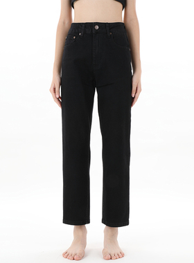 GPOD IUPL宽松阔腿裤垂感bf风高腰黑色小直筒牛仔裤女2025冬新款3