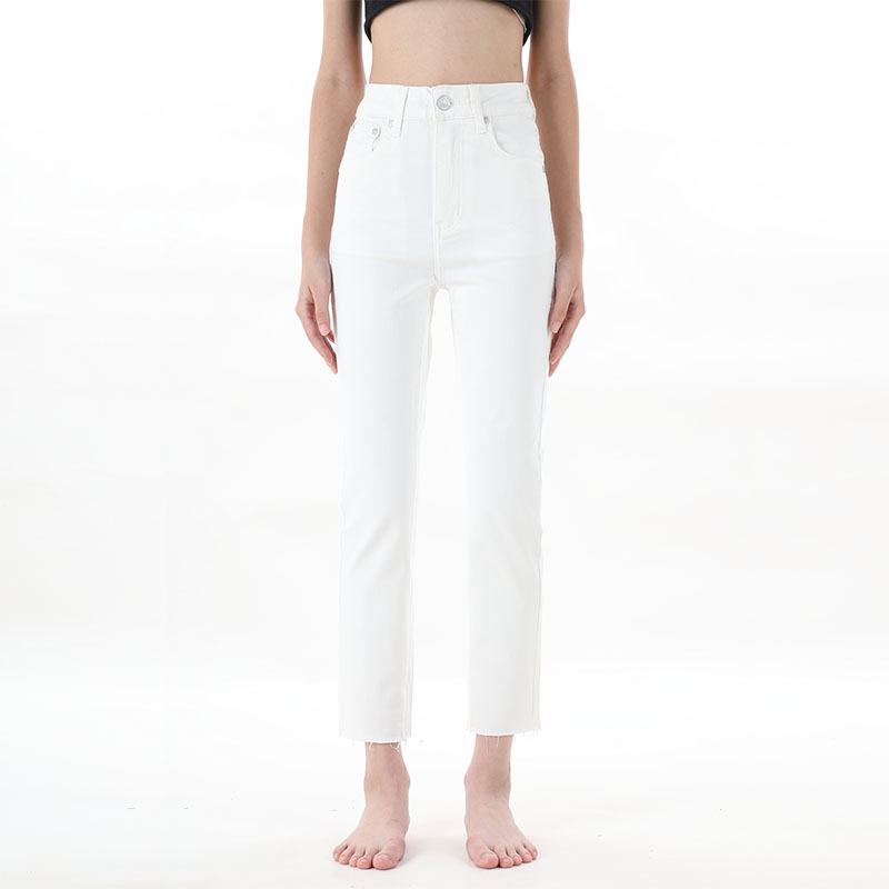 白色小直筒九分修身牛仔裤毛边