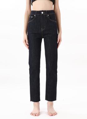 GPOD VGOZE质感原浆丹宁毛边烟管修身高腰小直筒牛仔裤女24新款0