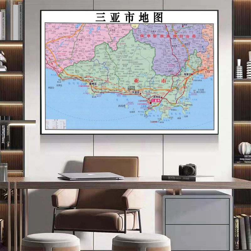 三亚市地图挂墙画办公会议室磁吸插旗标记背景轻奢高清带外框一体